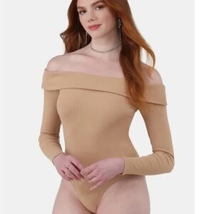 No Boundaries Tan Off-Shoulder Bodysuit